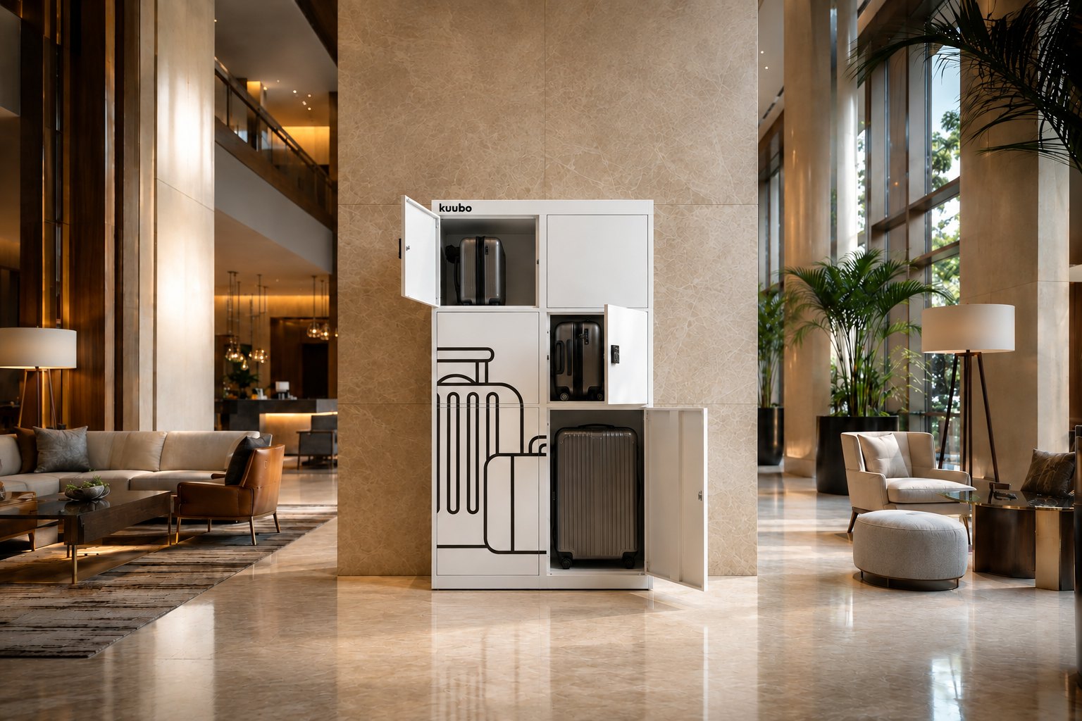 Locker Kuubo instalado no lobby de um hotel, com portas abertas mostrando malas guardadas