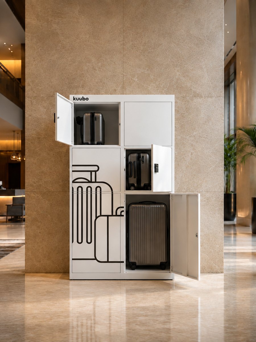 Locker Kuubo instalado na recepção de um hotel, com teclado eletrônico e grafismo de malas na porta
